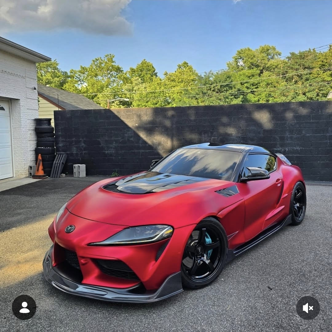 Toyota Supra wrapped in satin red color PPF